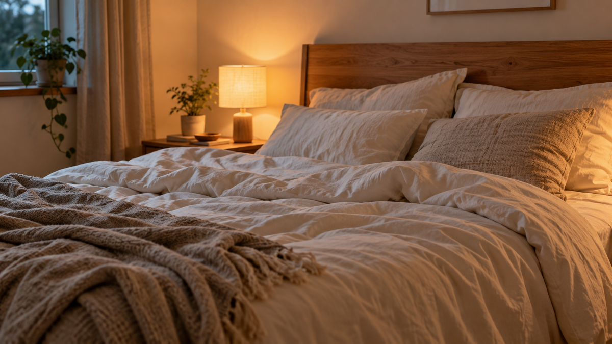 Bett mit heller Bettwäsche vor einem Holzkopfteil im warmen Licht einer Nachttischlampe.