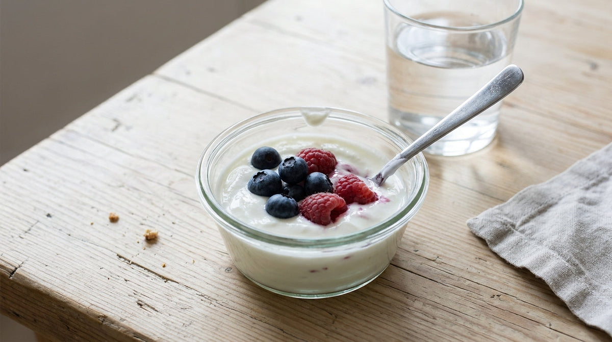 Frischer Naturjoghurt mit Heidelbeeren in einer Glasschale auf einem Holztisch