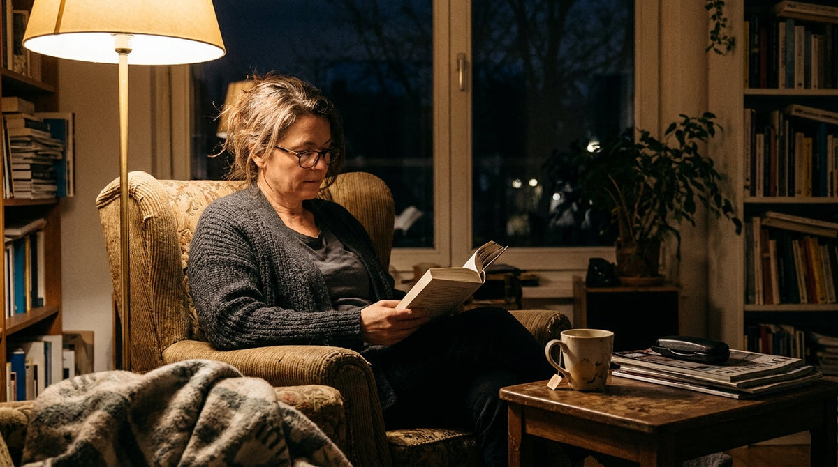 Eine Person sitzt abends in warmem Leselampenlicht und liest entspannt ein Buch