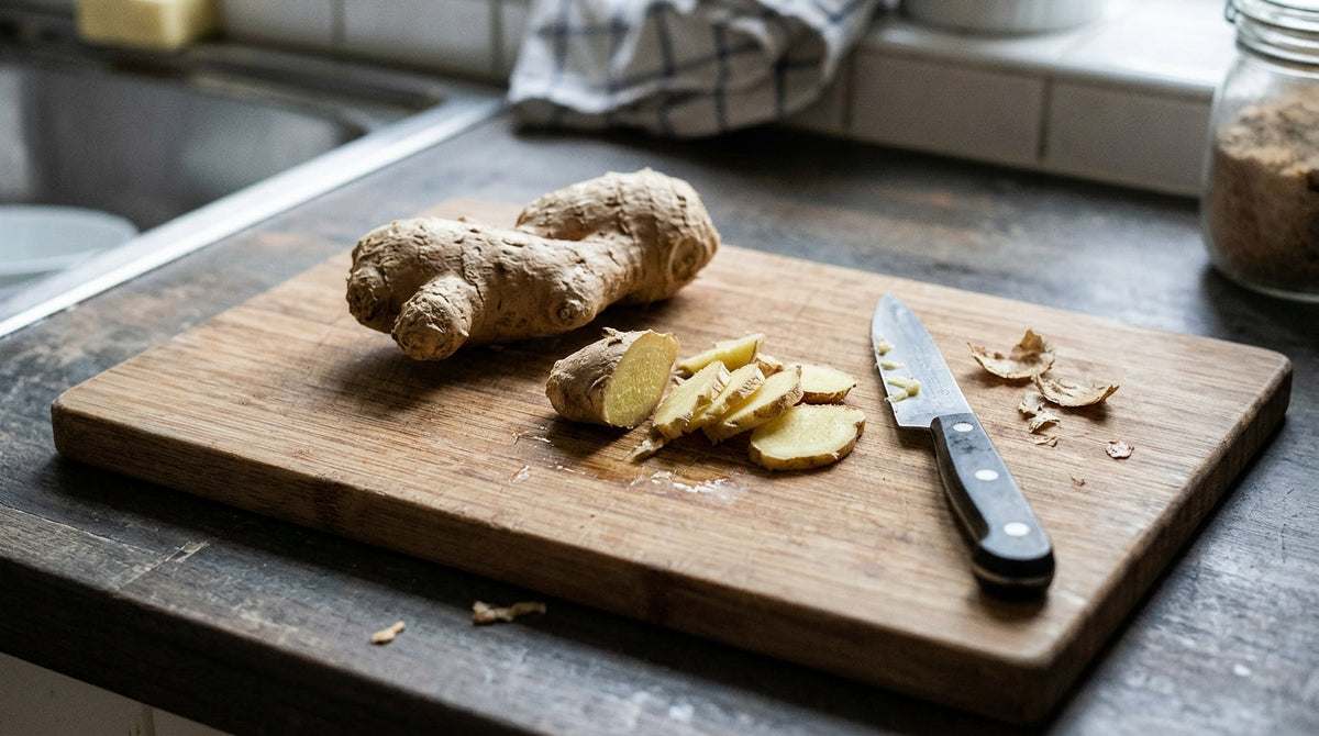 Frische Ingwerknolle und zerschnittene Scheiben auf einem Holzbrett in der Küche