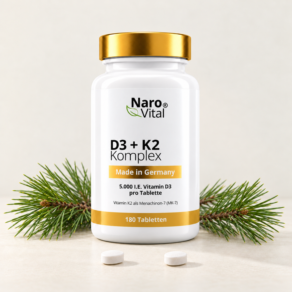 NaroVital Vitamin D3 + K2 Komplex – 180 vegane Tabletten, mit Kiefernzweigen und zwei Tabletten