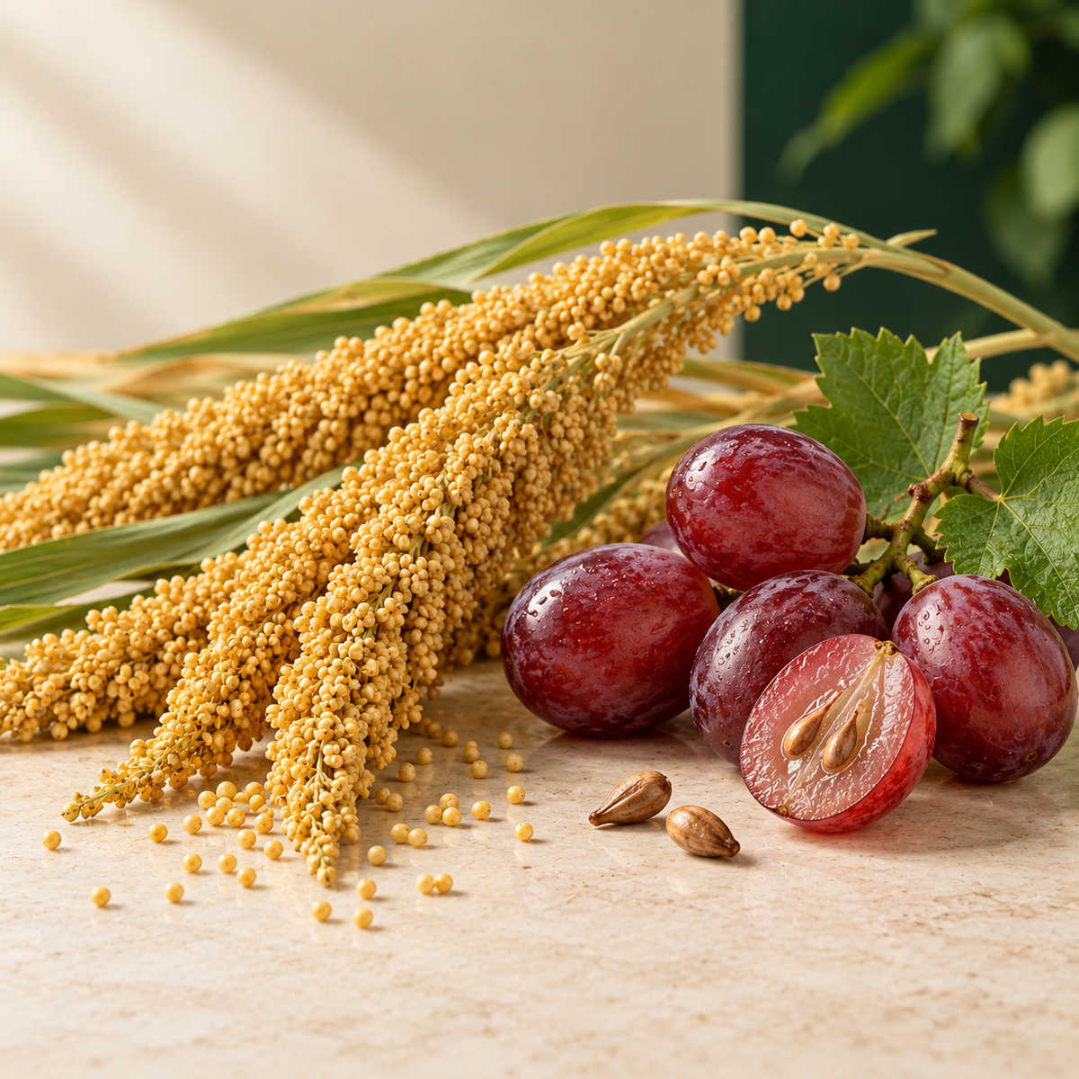 Goldhirse, Trauben und Traubenkerne